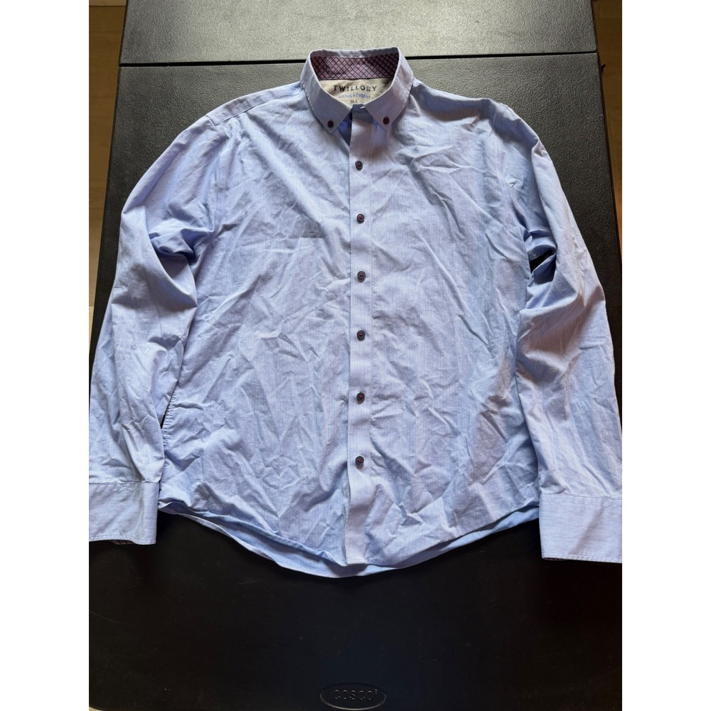 Twillory Untuckable Mens Blue Micro Check Coolmax Stretch Button Down Shirt M-L